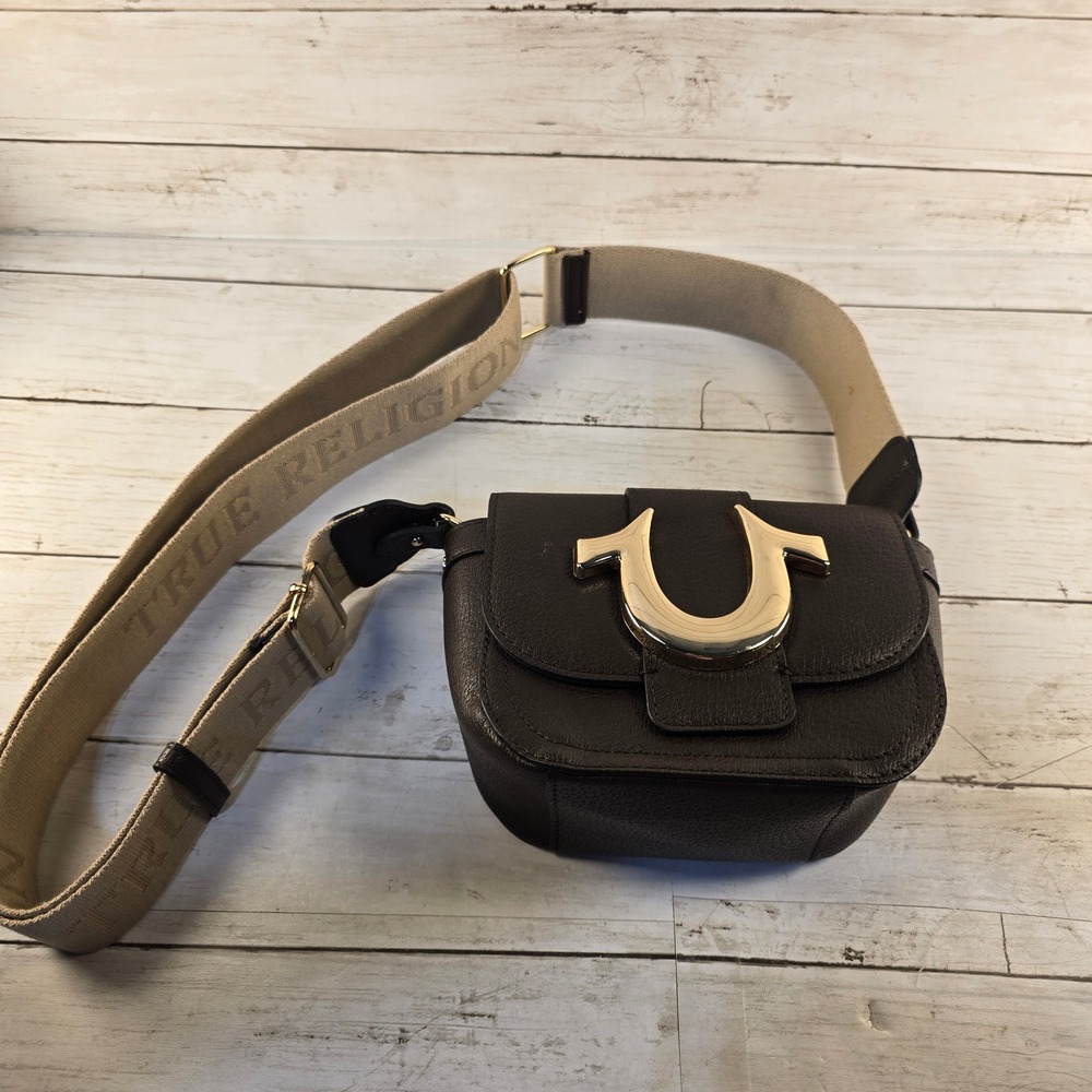 True Religion Brown Pebbled Crossbody Bag Gold Horseshoe Logo Webbed Strap